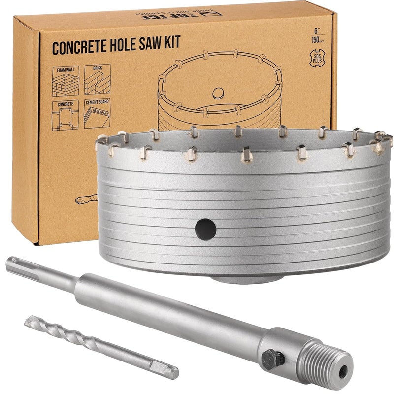 TGFTGF 150mm Concrete Hole Saw Kit, Tungsten Carbide Masonry Hole Saw Kit with 250mm SDS Plus Bit Shank Drill Bit Sets for Concrete, Brick, Stone, Cement, Tile, Wall Drilling - Image 1